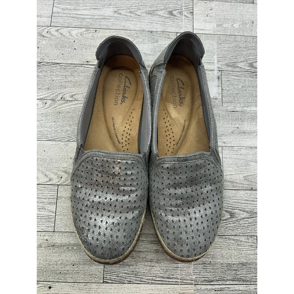 Women's Clarks Elaina Ruby Slip-On Leather Espadrille Shoes Silver Pewter Sz 6.5